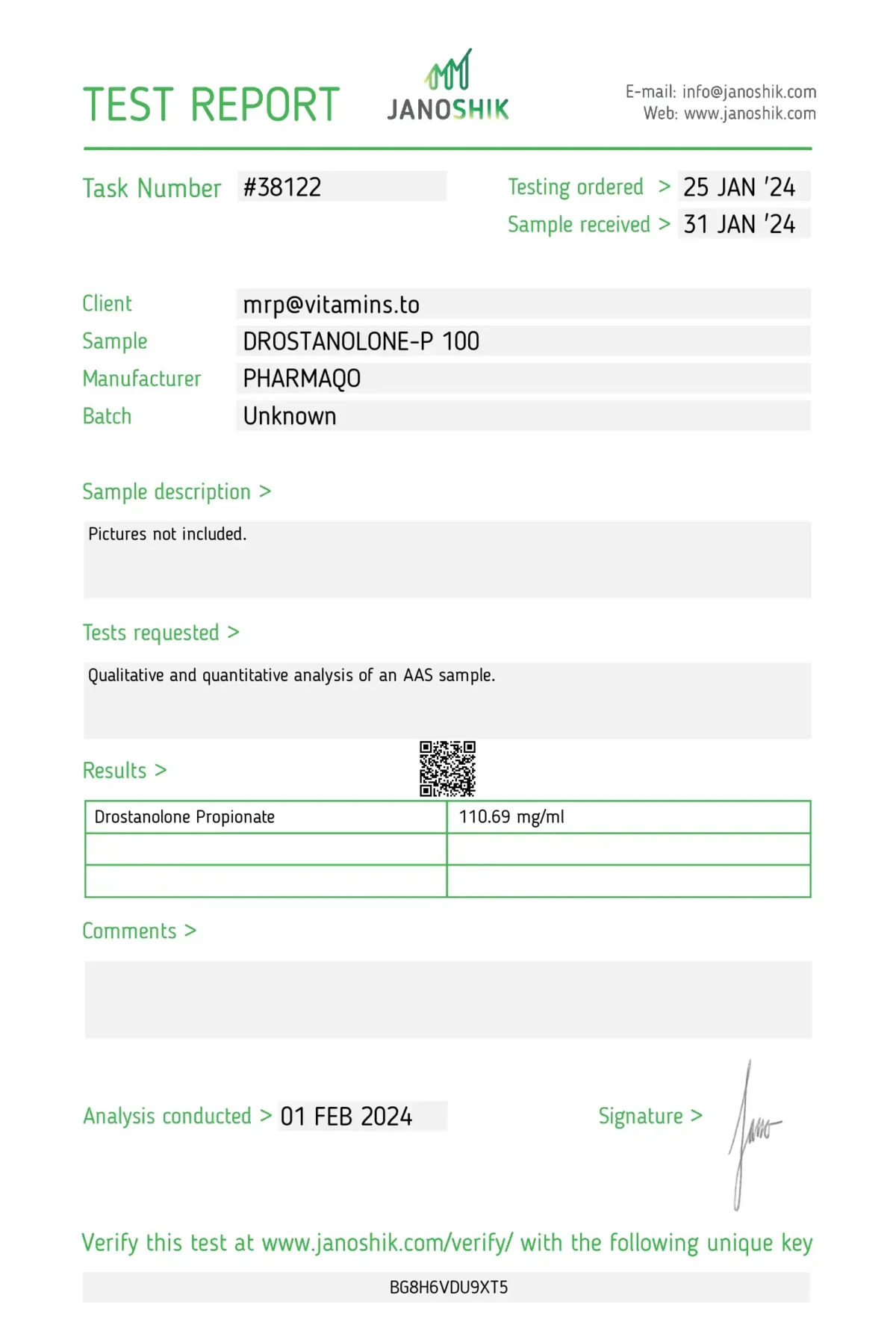 Masteron Propionate (Drostanolone Propionate) Pharmaqo Labs - Laboratory Test Results No. 1 Made By Steroiduck Store.