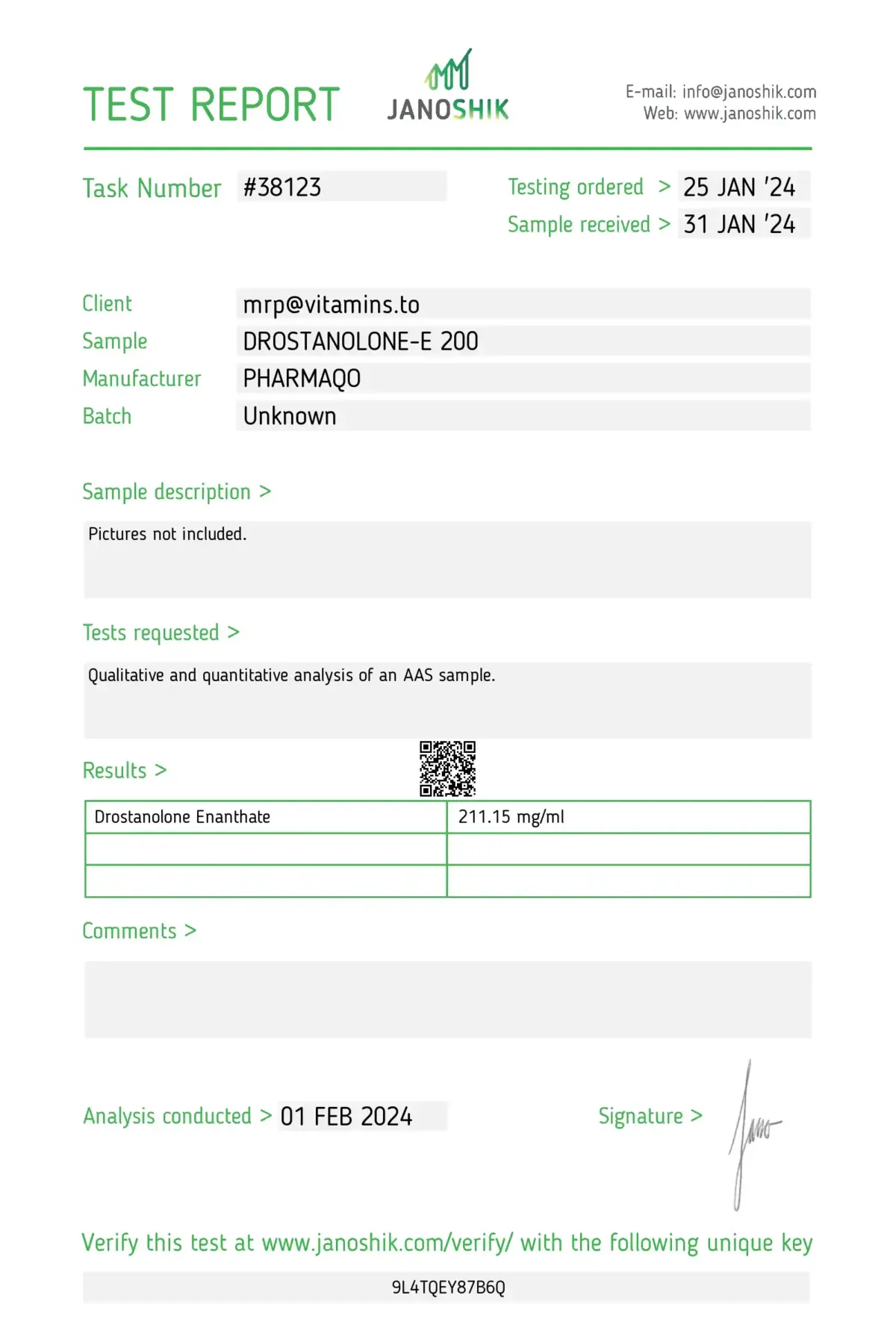 Pharmaqo Labs - Drostanolone Enanthate Laboratory Test Results