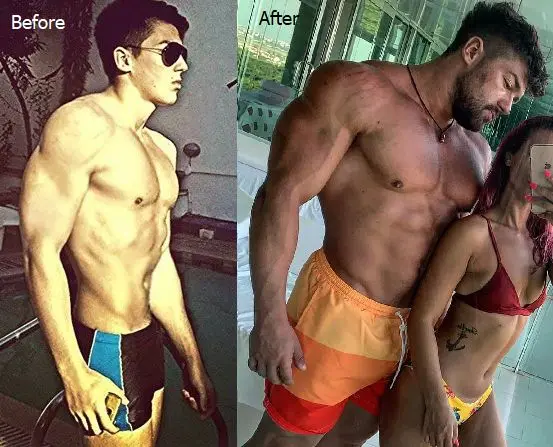 A Man And Woman In Swim Trunks, Showcasing Their Physiques Before And After Using Anadrol, Highlighting Significant Changes.