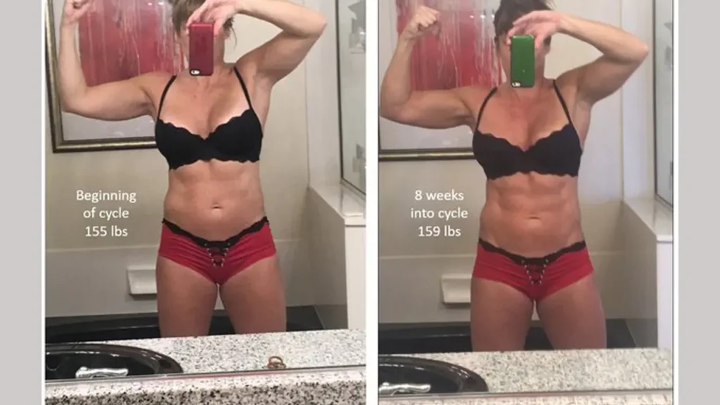 A Woman Takes A Mirror Selfie In A Bikini, Highlighting Her Impressive Physique And Winstrol Results Before And After.