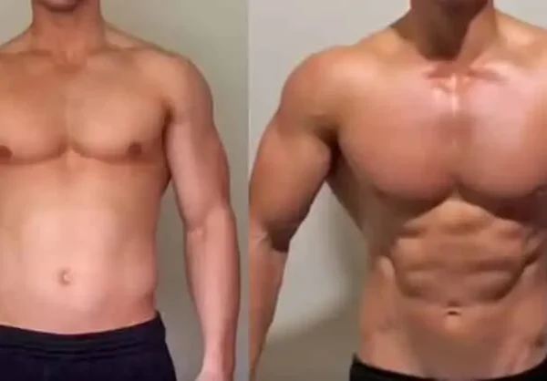 A Side-By-Side Comparison Of A Man’s Physique Before And After A Bodybuilding Workout, Emphasizing Winstrol'S Effects On Muscle Growth.