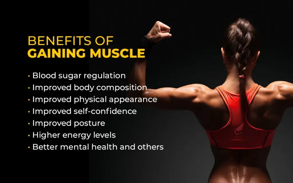 Benefits Of Gaining Muscle During Sustanon 250 Cycle, Featuring A Muscular Woman In A Red Sports Top Showcasing Flexed Arms, With Text Highlighting Benefits Such As Blood Sugar Regulation, Improved Body Composition, And Better Mental Health.