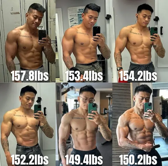 Image showing six selfies of a muscular men at different weights: 157.8 lbs, 153.4 lbs, 154.2 lbs, 152.2 lbs, 149.4 lbs, and 150.2 lbs, highlighting fat loss and cutting effects during drostanolone usage.