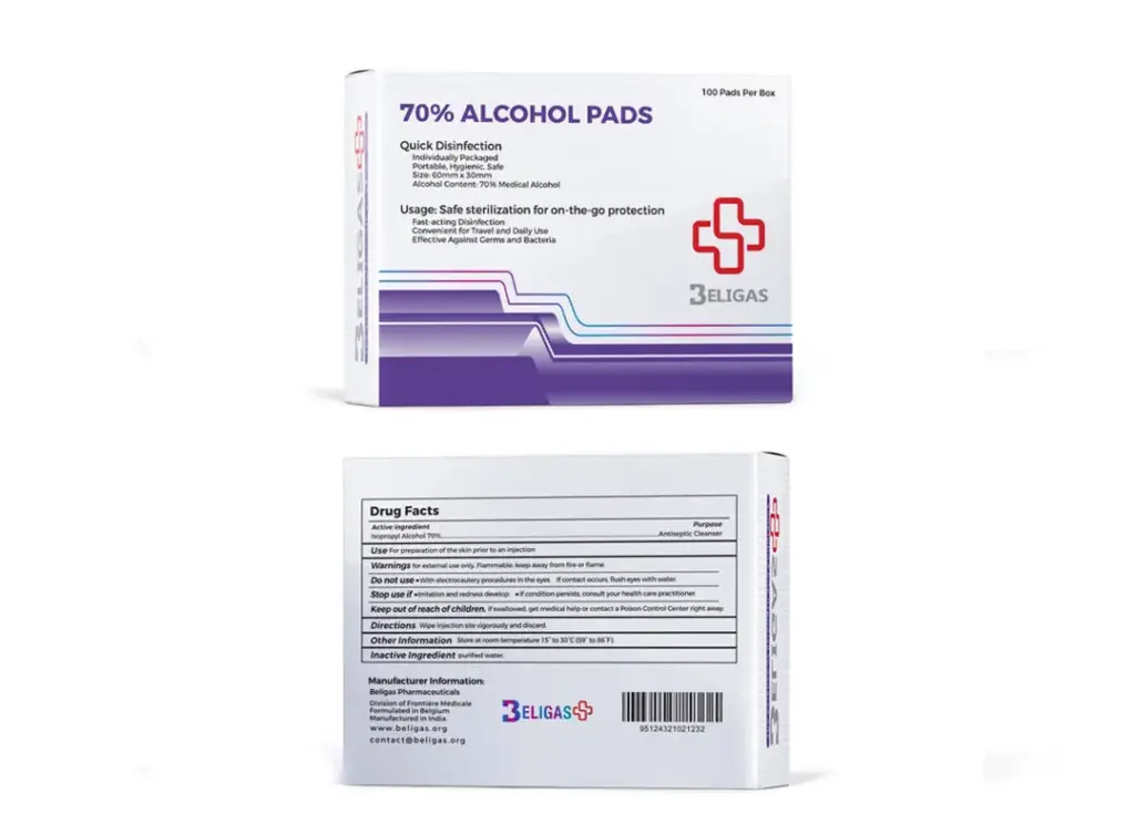 Beligas 70% Alcohol Pads 100 Pads Per Box