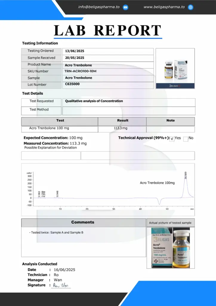 Beligas Pharmaceuticals (Certificate of Analysis) Laboratory Test results for Acro-Trenbolone 100mg