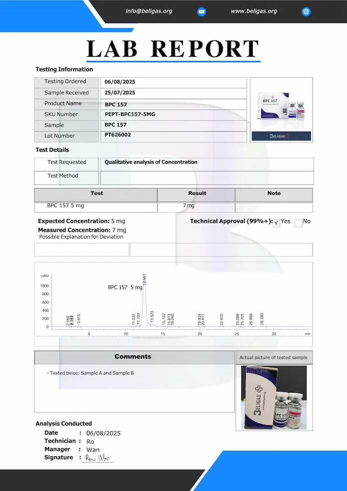 Beligas Pharmaceuticals (Certificate of Analysis) Laboratory Test results for BPC157