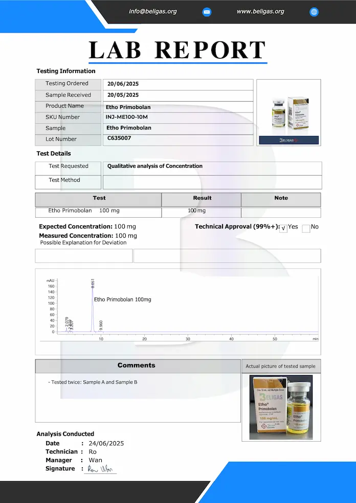 Beligas Pharmaceuticals (Certificate of Analysis) Laboratory Test results for Etho Primobolan 100mg