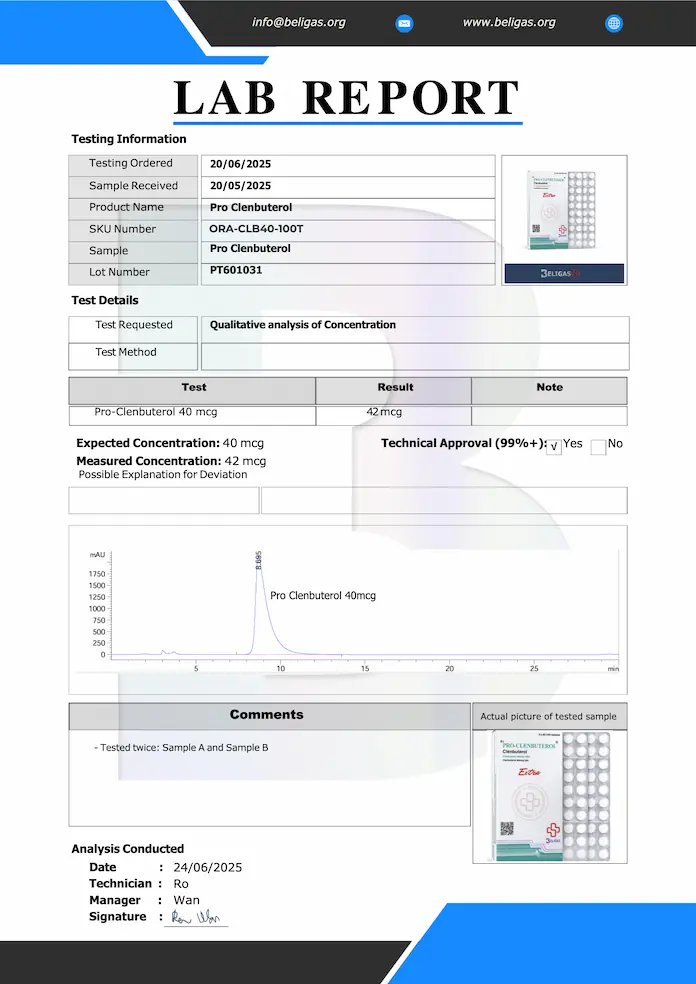 Beligas Pharmaceuticals (Certificate of Analysis) Laboratory Test results for Pro-Clenbuterol 49-0mcg