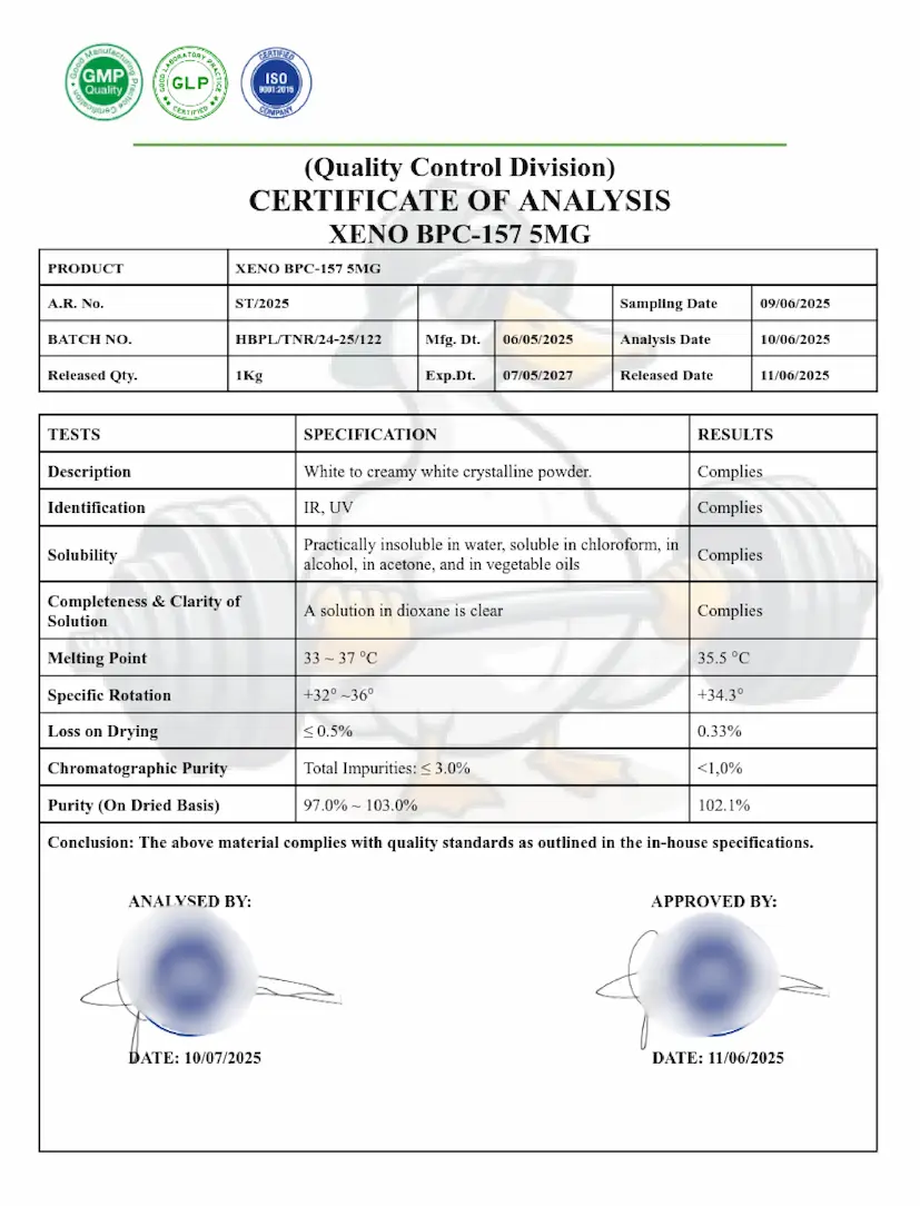 Xeno Labs (Certificate of Analysis) Laboratory Certificate for BPC 157 5mg