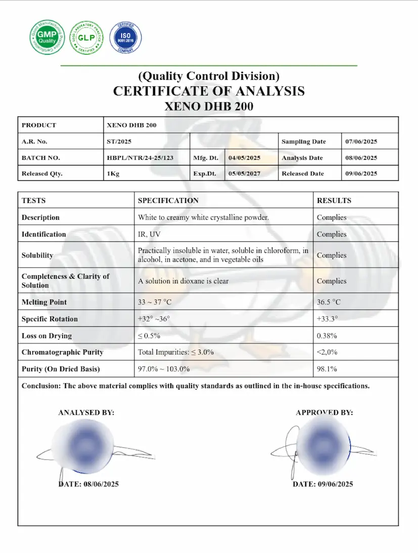 Xeno Labs (Certificate of Analysis) Laboratory Certificate for DHB 200