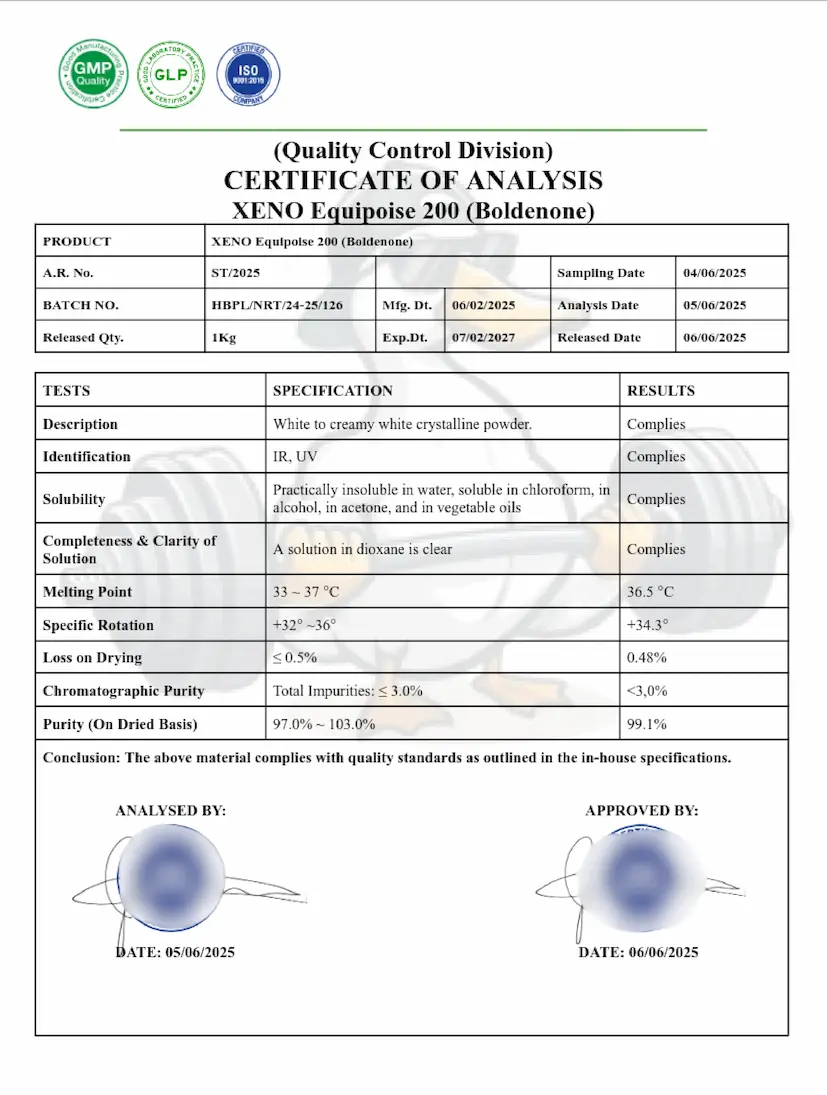 Xeno Labs (Certificate of Analysis) Laboratory Certificate for Equipoise 200