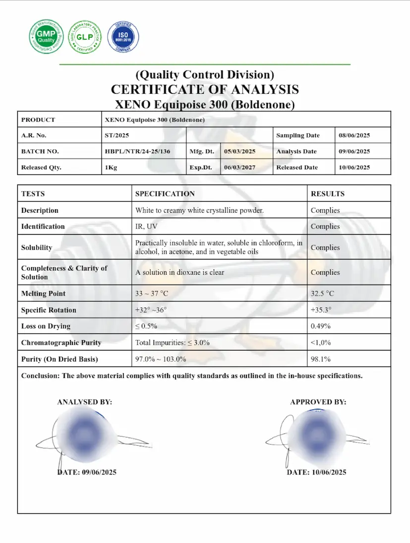 Xeno Labs (Certificate of Analysis) Laboratory Certificate for Equipoise 300