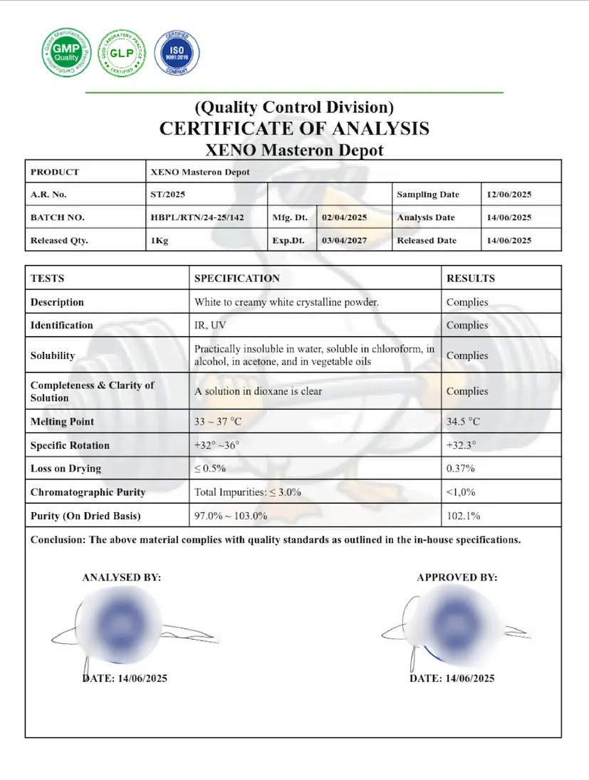 Xeno Labs (Certificate of Analysis) Laboratory Certificate for Masteron Depot