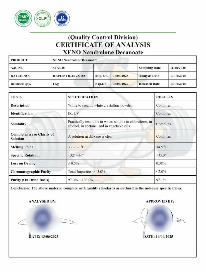 Xeno Labs (Certificate of Analysis) Laboratory Certificate for Nandrolone Decanoate