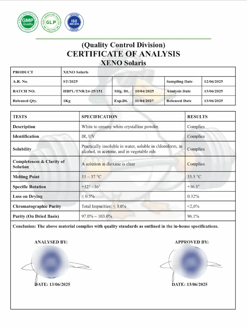 Xeno Labs (Certificate of Analysis) Laboratory Certificate for Solaris