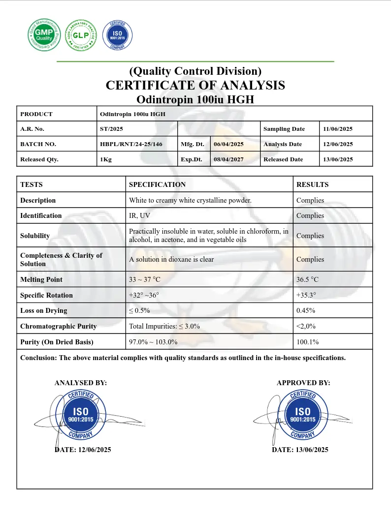 Sixpex (Certificate of Analysis) Laboratory Test results for Odintropin 100iu HGH