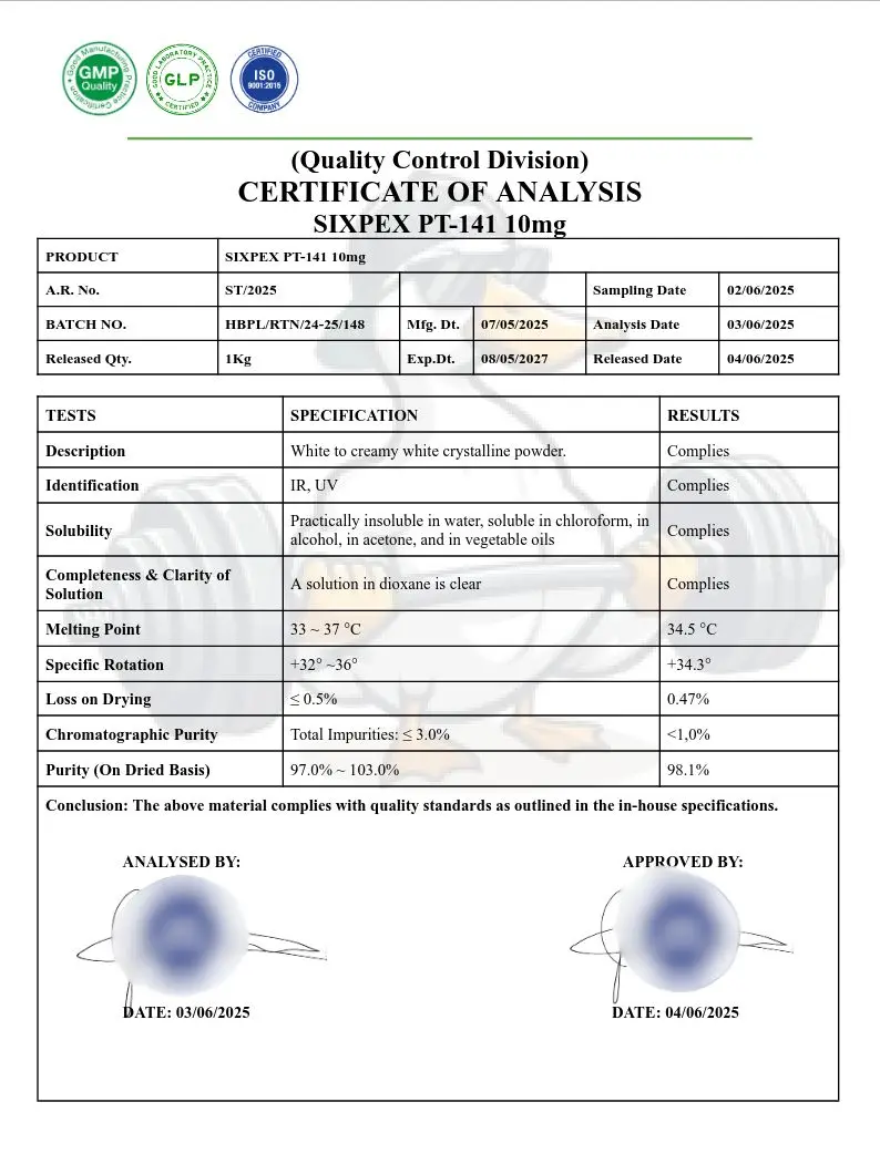 Sixpex (Certificate of Analysis) Laboratory Test results for SIXPEX PT-141 10mg