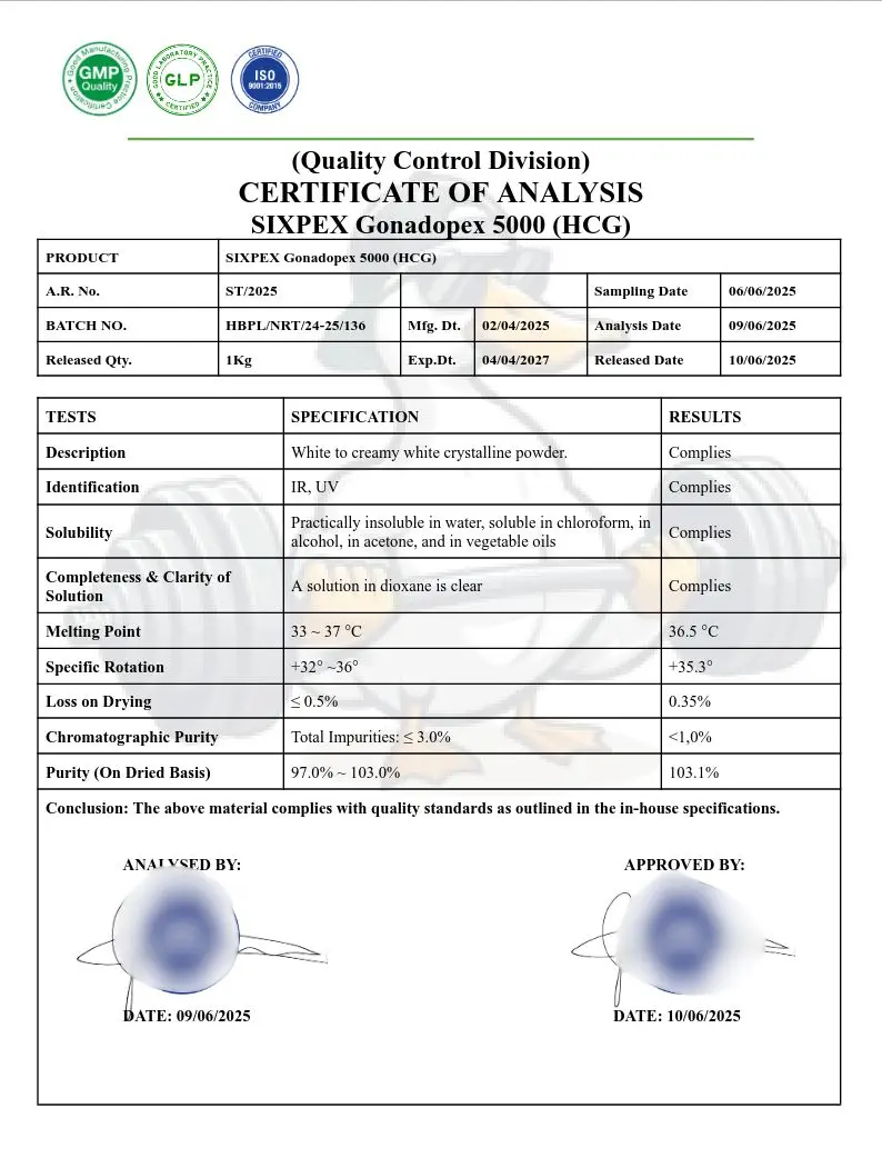 Sixpex (Certificate of Analysis) Laboratory Test results for SIXPEX Gonadopex 5000 (HCG)