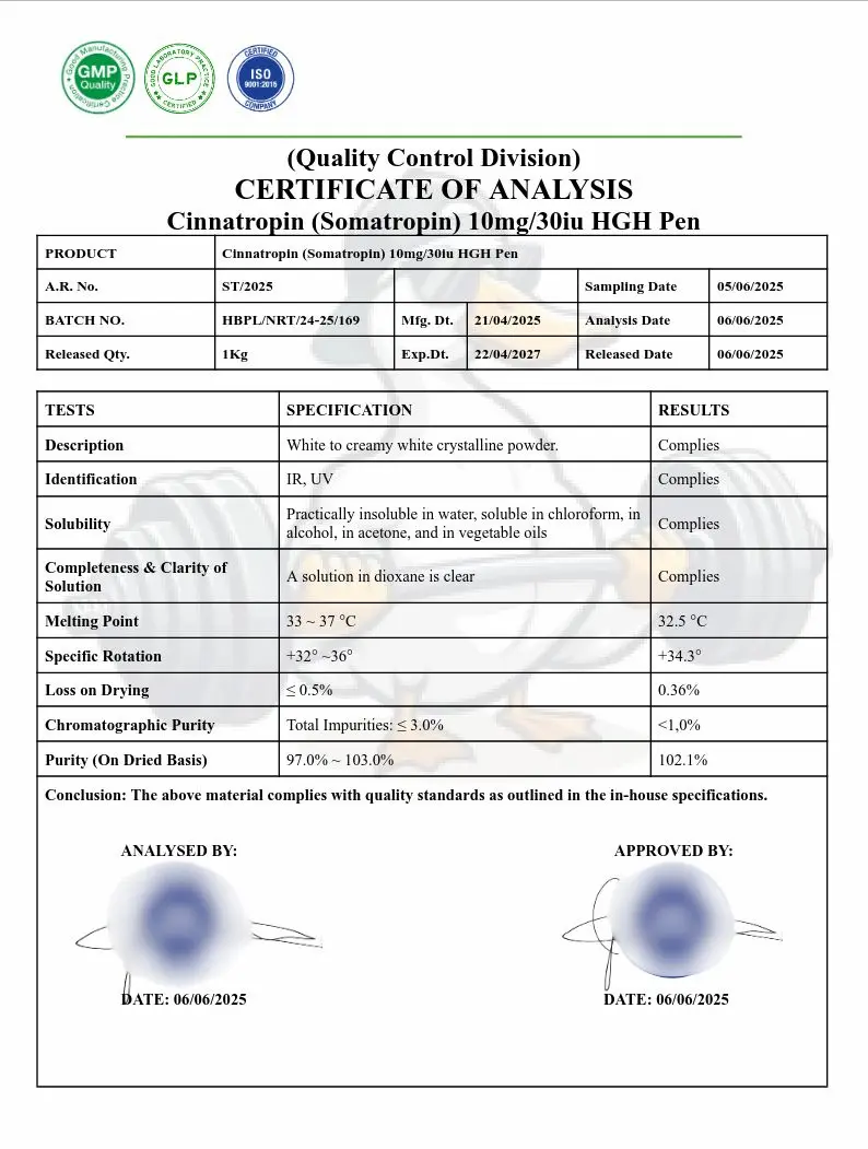 Sixpex (Certificate of Analysis) Laboratory Test results for Cinnatropin (Somatropin) 10mg/30iu HGH Pen